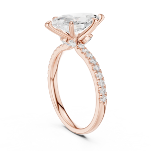 Anillo de compromiso de oro rosa con diamante ovalado cultivado en laboratorio y tallo retorcido, anillo de boda solitario con pavé - Product Image 1