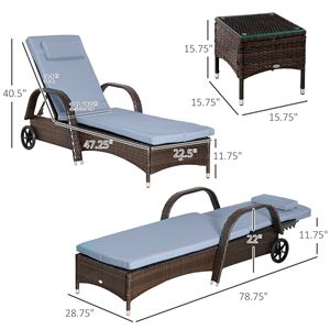 Set di 3 Lettini Prendisole Regolabili in Rattan con Braccioli, Tavolino Laterale e Ruote per Uso Esterno a Bordo Piscina, Struttura Durevole in Ferro e Alluminio - Product Image 3