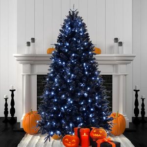 5ft Black Artificial Christmas Tree with 250 White LED <b>Lights</b> 1076 Tips PE+PVC Material <b>Hinged</b> Stand for Halloween Holiday Decor - Product Image 1