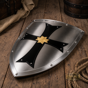 Escudo medieval vikingo de calibre 18 con cruz negra y centro chapado en oro - Product Image 3