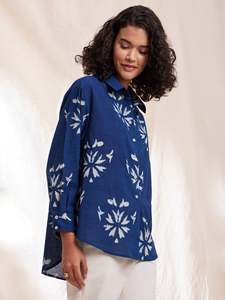 Navy Blue Floral Print Long <b>Sleeve</b> With Turn-down Collar Loose Fit Casual Daily Wear Spring Woven Linen Cotton Top - Product Image 3