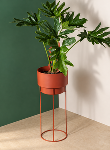Support de plante en métal orange rouille haut avec pot de fleurs cylindrique moderne et base ronde fine pour plantes d'intérieur salon - Product Image 3