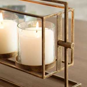 Luxury Antique Brass 3 Cup Metal Candle Holder Geometric Rotating Frame With <b>Clear</b> Glass Hurricanes For Elegant <b>Table</b> Decor - Product Image 6