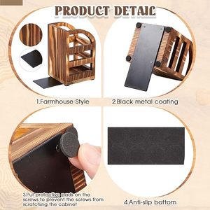 <b>Rustic</b> Wooden Desktop Bookends with Metal Storage Organizer Decorative Book Holder Pen Pencil <b>Desk</b> Organizer Set - Product Image 2
