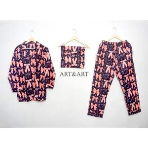 Ensemble de pyjama pour femme, élégant et magnifique, imprimé nœud papillon mignon, 100 % coton, taille élastique, manches longues, longueur complète, motif floral. - Product Image 1