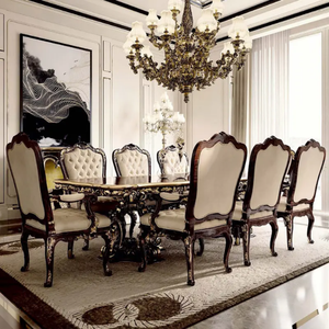 Ensemble de table à manger de luxe haut de gamme en bois de mahogany massif, design classique européen antique, chaise de salle à manger rembourrée confortable - Product Image 3