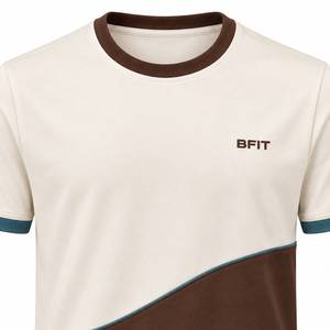 Premium <b>Mens</b> <b>Ivory</b> Mocha Jersey Fabric Crew Neck T-<b>Shirt</b> with Front Print Teal Trim Breathable & Eco-Friendly for Casual Wear - Product Image 2