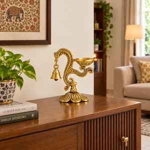 Handcrafted Brass Swan Neck Diya Stand Hanging Bell Oil Lamp Traditional Brass Deepam Decorative Puja Diya for Temple <b>Mandir</b> - Product Image 3