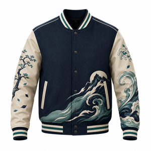 Veste universitaire décontractée à bas prix avec broderie d'art japonais à motif vague, corps en laine et manches en cuir PU, pour l'hiver et le streetwear - Product Image 1