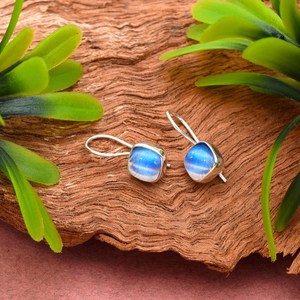 925 Sterling Silver Natural Blue Rainbow Moonstone Cushion Silver Dangle <b>Earrings</b> <b>Handmade</b> Gemstone Silver Jewelry Supplier - Product Image 4