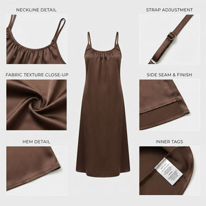 Elegante Camisón Marrón de Satén con Cuello en V, Cintura Elástica, Sin Mangas, Largo hasta la Rodilla, Color Sólido, Corte Holgado, Talla Grande, Térmico para Mujer - Product Image 5