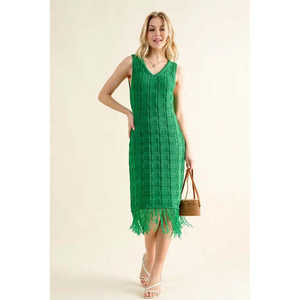 Women's Checkerboard Drop-Needle <b>Fringe</b> Sleeveless Sweater <b>Dress</b> with Stylish Why Checkerboard Design - Product Image 2