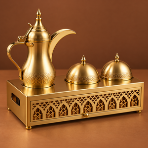 Ensemble à café en métal de style moyen-oriental avec pot Dallah et plateau décoratif, design portable et durable pour les mariages et les fêtes - Product Image 4