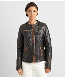 Chaqueta Bomber de Cuero Genuino para Mujer, Cuello Alto, Manga Larga, Cierre de Cremallera, Color Sólido, Impermeable, Ligera, Informal, Otoño - Product Image 1