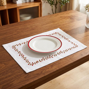 Custom Wholesale Embroidery Red Flower Patterns Placemat&Napkin Set for Home Restaurant Cotton Red Border Mats - Product Image 2