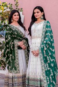 Elegant White Chiffon Lehenga With Green Embroidered Dupatta Traditional Indian <b>Wedding</b> Wear For Women - Product Image 4