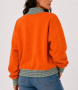 Sweat-shirt à col roulé grande taille pour femme 1905, imprimé personnalisé, patchwork à carreaux et pois, épaules tombantes, pull décontracté en tissu éponge, OEM - Product Image 6