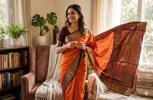 Orange Banarasi Silk <b>Saree</b> For Women Luxury Zari Border Designer Wedding Party Wear Traditional Indian Ethnic <b>Saree</b> With <b>Blouse</b> - Product Image 4