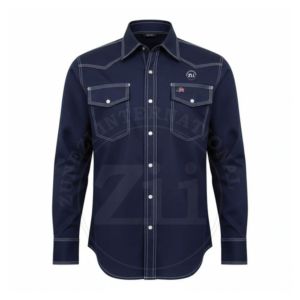 Chemise de travail bleu marine à manches longues avec poches poitrine et surpiqûres contrastées, patch logo ZI, vente en gros, personnalisable, sécurité pour le soudage CAT 2 - Product Image 1