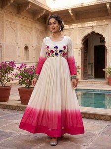 Elegante Vestido Anarkali de Organza Bordado con Estampado Floral, Corte en A, Largo hasta el Suelo, Manga Larga, Cintura Imperio, para Fiestas - Product Image 5