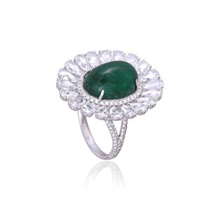 Bague Cocktail Élégante et Tendance en Argent Sterling 925 avec Cabochon Émeraude Pierre de Naissance de Mai et Halo de Zirconium Cubique en Forme de Goutte - Product Image 4