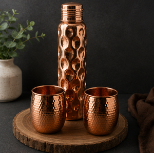 Royal Wave Dimple Copper Bottle With Hammered Glasses Portable Travel Drinkware Traditional Design - Product Image 3