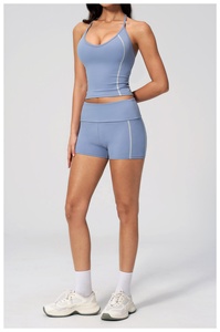 2026 Blue 2 Piece Yoga Set Halter <b>Crop</b> <b>Top</b> High Waist Shorts Seamless Quick Dry Spandex Polyester Solid Color Contrast Stitch - Product Image 5