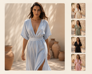 Vestido de Sirena con Cuello en V para Mujer, Calidad de Exportación, Ecológico, Informal, para Vacaciones de Verano en la Playa, Cómodo, Transpirable y Suave - Product Image 3