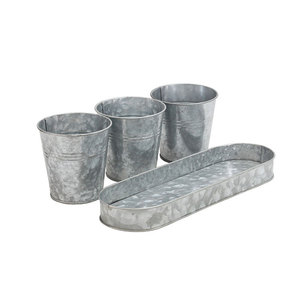 Ensemble de jardinières en métal galvanisé avec plateau |   Lot de 3 pots de fleurs rustiques en zinc pour décoration intérieure, extérieure, jardin et rebord de fenêtre - Product Image 3