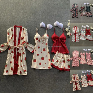 Women's Spandex/Cotton Luxury Silk Nightgown Set 4-Piece Floral Printed Autumn Breathable Quick Dry Knitted Fabric Holiday - Product Image 3