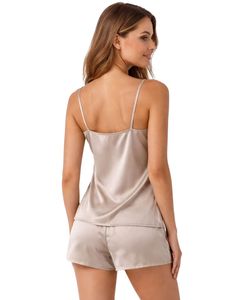 Champagne Satin Camisole Shorts Set Women Sleepwear <b>Lace</b> Trim Spaghetti Strap Soft Breathable Summer Nightwear Pajama Set Lounge - Product Image 5