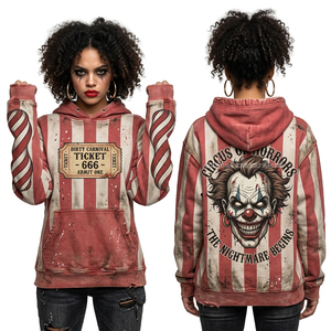 Sweat à capuche rayé Dirty Carnival pour femme, motif clown d'horreur, streetwear vieilli, imprimé Joker maléfique, rouge et blanc vintage - Product Image 1