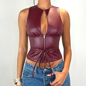 Deep Red Color Sleeveless Zipper Front Slim Fit Club Streetwear Fashion Wear Fully Customized Made OEM ODM Service Leather Vest - Product Image 1
