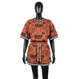 Conjunto de Top Corto y Pantalones Cortos para Mujer, Algodón y Poliéster, Color Rosa Polvoriento, Panel Zigzag, Estampado Puff, Logotipo Personalizado, 100% Algodón - Product Image 4