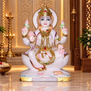 Estatua de Lakshmi en Mármol con Trabajos en Oro |   Ídolo de la Diosa Lakshmi de Cuatro Brazos sobre una Flor de Loto |   Hecho a mano por MALIYAS Jaipur - Product Image 1