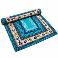 Tapis rectangulaire personnalisable 100 % jute écologique 3x5 pieds bleu turquoise, tissage plat à carreaux, bordure florale