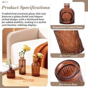 12-Piece <b>Small</b> Caramel Coffee Brown Etched Glass Bud Vase Set Unique Windowpane Shapes with <b>Weighted</b> Base for Display Windowsill - Product Image 5