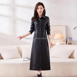 Femmes Long automne hiver manteau simple boutonnage décontracté Trench col rabattu imperméable en cuir fendu pardessus nouveau tricoté - Product Image 6