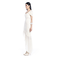 Robe de soirée blanche pour femmes Décolleté à épaules dénudées Longueur de thé Style asymétrique Tricot de papier Taille tressée Tricoté Mode élégante