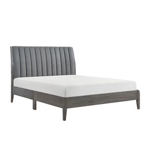 Letto matrimoniale moderno con piattaforma, testiera imbottita in velluto, finitura grigia, gambe in legno massello e contenitore, mobili per camera da letto - Product Image 1