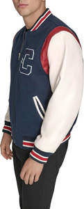 <b>Men's</b> Navy Varsity <b>Jacket</b> With <b>White</b> Sleeves And Red Accents Embroidered C Logo Zipper Closure Preppy Style Autumn Wear - Product Image 4