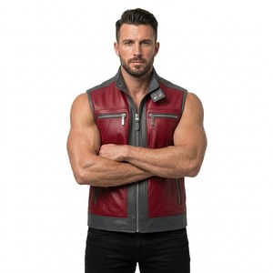 <b>Men's</b> Red <b>Black</b> Genuine Leather Moto Biker <b>Vest</b> Zipper Stand Collar Sleeveless Jacket - Product Image 3