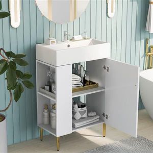 Mobile Bagno Impermeabile Bianco da 21.6'' con Lavabo Singolo in Ceramica e Mobiletto Contenitore a Sinistra, Specchio Integrato, Ideale per Hotel - Product Image 4