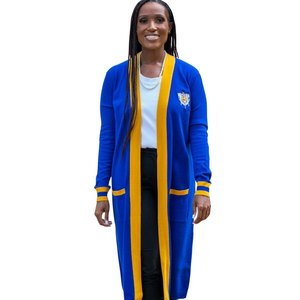 เสื้อคาร์ดิแกนไหมพรมสีน้ำเงินกรมท่าประดับด้วยทองคำ ยี่ห้อ Sigma Gamma Rho สำหรับผู้หญิง สไตล์ลำลองหรูหรา เหมาะสำหรับชมรมนักศึกษากรีก - Product Image 1