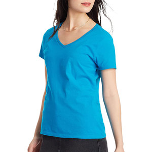 T-shirt décontracté pour femme à manches courtes et col en V, coupe ajustée, OEM |   Teinture unie |   Anti-boulochage et respirant |   Logo et design personnalisables - Product Image 4