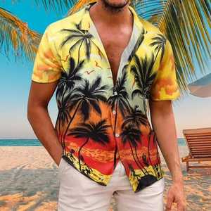 Chemise hawaïenne décontractée pour homme à manches courtes, col montant, en sergé, imprimé feuilles tropicales, noir et vert, respirante pour l'hiver - Product Image 3