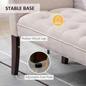 Panca Imbottita Beige con Bottoni e Gambe e Braccioli in Legno Massello per l'Uso a Fine Letto - Product Image 6