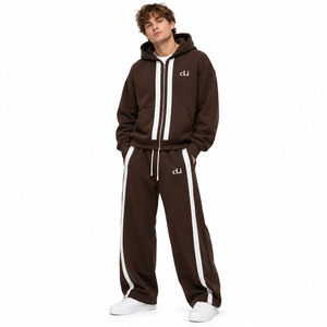Conjunto de Sudadera con Capucha y Cremallera Completa a Rayas Marrón Vintage para Hombre, Pantalones de Chándal de Pierna Ancha con Paneles Personalizados, Conjuntos de Felpa Pesada de Corte Holgado - Fabricante - Product Image 1