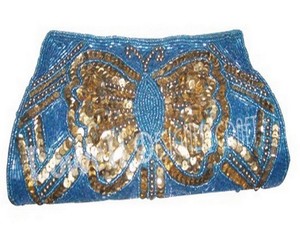 Pochette Lowellcraft en satin bleu perlé avec motif papillon doré, sac à main scintillant pour soirée - Product Image 1