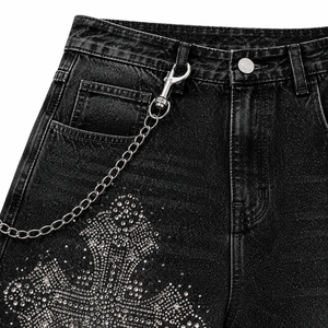 Shorts en jean baggy noirs personnalisés pour hommes avec strass en forme de croix, style streetwear, OEM ODM, vente en gros, fabricant de shorts en jean tendance - Product Image 6